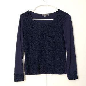 Laura Ashley navy lace front long sleeve blouse